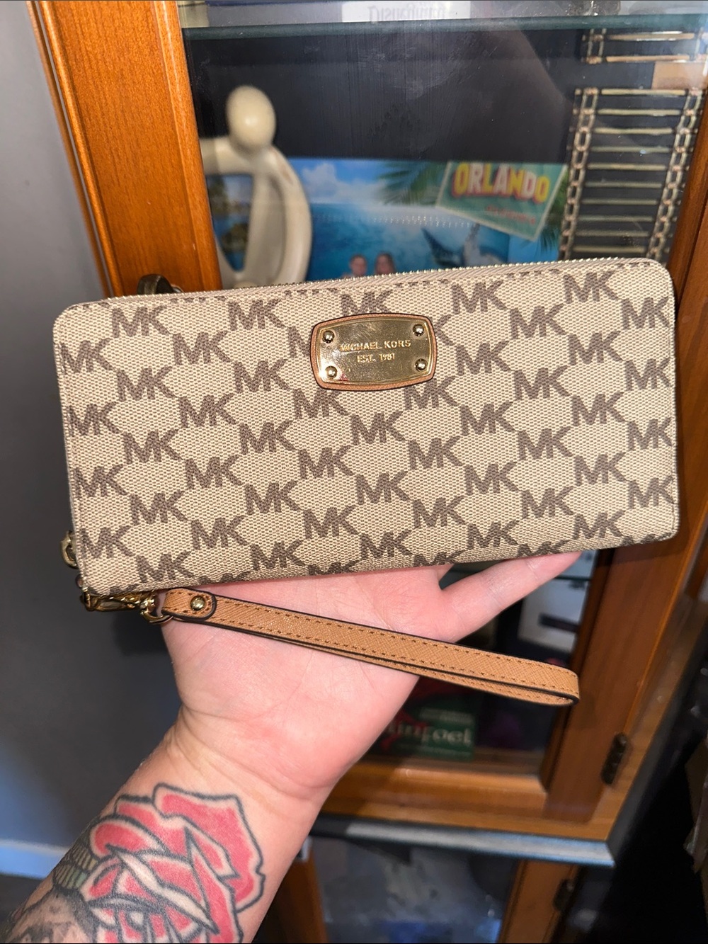 Michael Kors Beige/Tan MK Logo Wristlet Wallet